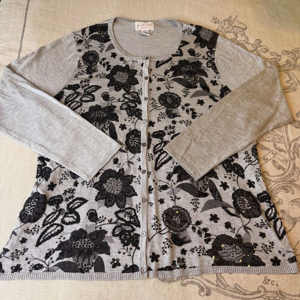 Victor Costa Occasion 1X Silk Cardigan Sweater Beaded Sequin Floral Gray Black